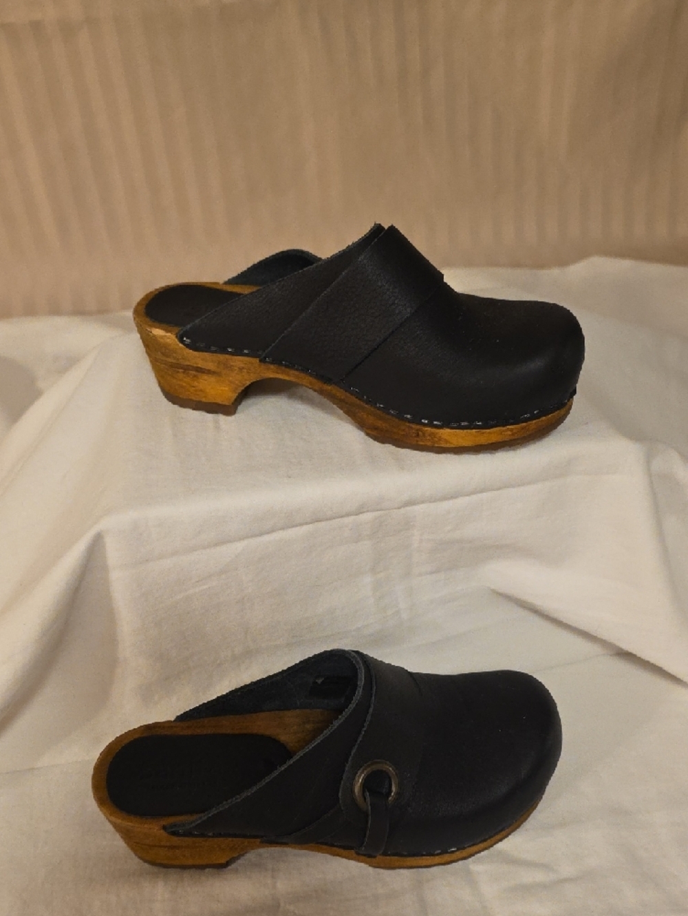 Sanita Black Leather Clog Mules with Wood-Tone Sole - Picture 8 of 8